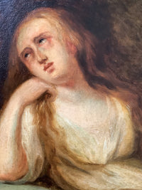 Detail of the head resting on the hand, eyes raised, with the loose hair falling over the shoulder