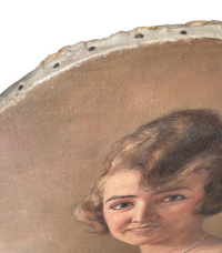 Raking view of the top edge showing the canvas tacked directly to the oval stretcher on its unpainted turnover, the painted surface stopping cleanly short of the fold