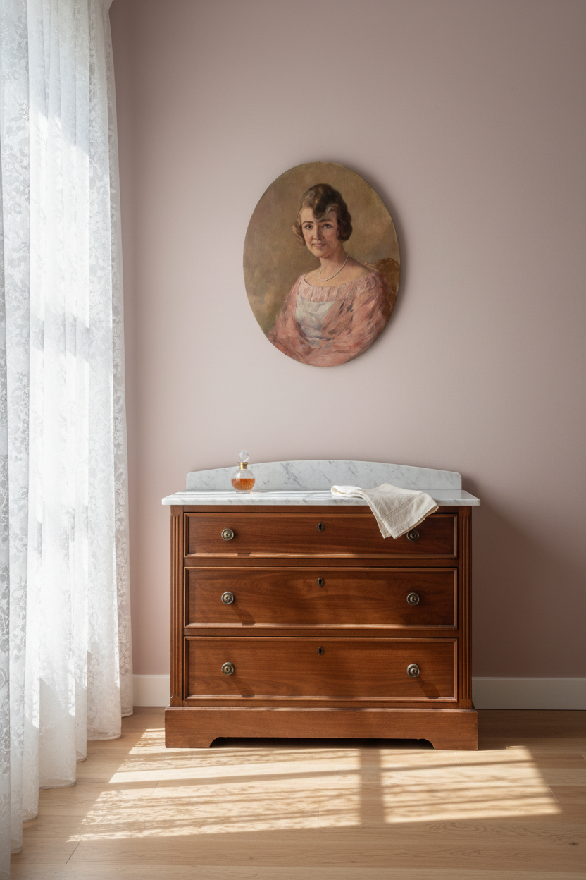 The unframed oval canvas hung above a marble topped mahogany chest in a bedroom corner, morning light through lace curtains (Max Moreau 1925 portrait)