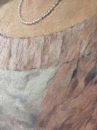 Macro of the neckline showing each pearl modelled in raised paint and the pleated trim drawn in twenty short strokes through wet cream, the canvas weave counting through the bodice