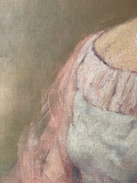 Macro of the left shoulder where the loaded strokes of the gown meet the thin ground, the bare weave showing through the background and the craquelure following only the thick paint
