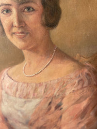 Macro of the right shoulder showing the rose scarf laid in thick oblique strokes with red and grey blue accents, a chair back suggested behind in two broad passages