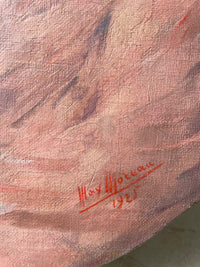 Macro of the signature, Max Moreau written in red with the date 1925 beneath and a single underscore, on the rose ground of the gown