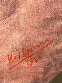 Close macro of the red signature Max Moreau dated 1925, brushed over dry paint, with the open craquelure of the gown around it