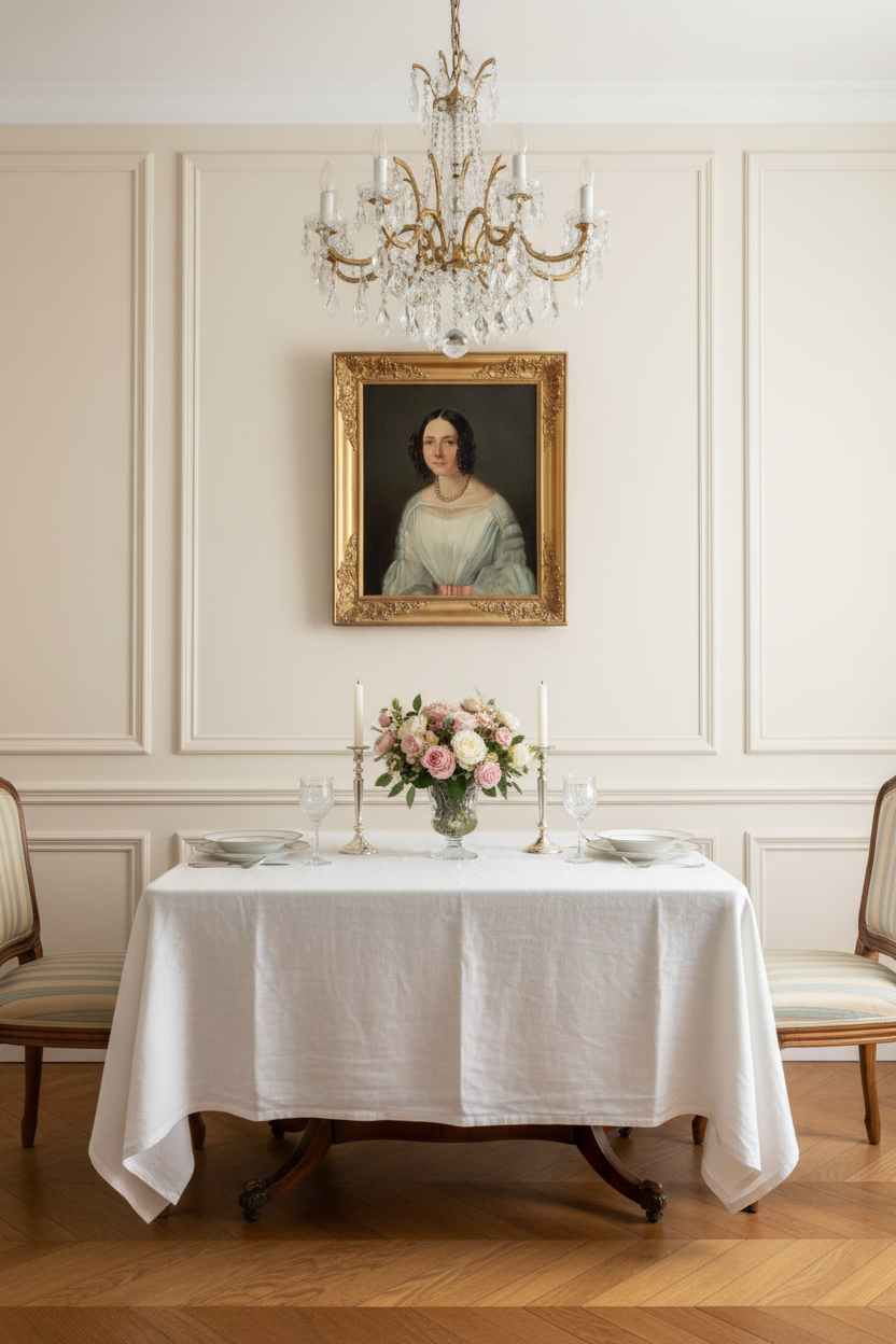 19th century portrait of a lady with pearl necklace in a gilt frame above a dining table in a French dining room