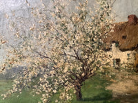 Macro of the blossom built in thick dabs of cream impasto over a thin grey sky