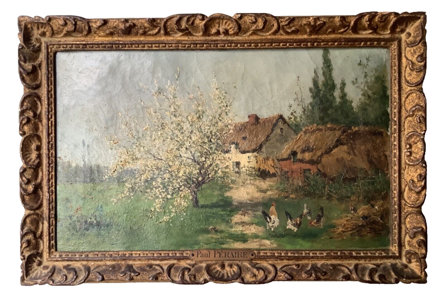 Full view of the framed canvas, blossoming tree and thatched farm with hens, in its carved gilt swept frame