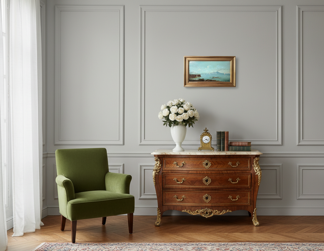 The small framed panel shown to scale above a commode beside a green armchair (Philipsen Vesuvius view, oil on wood panel)