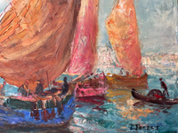 Macro of the sails laid on with the knife in three unmixed values, the figures set down in three or four strokes each, and the signature at the lower right