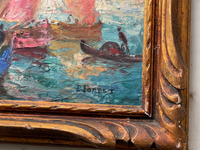 Macro of the lower right corner, the signature P. Forest in dark blue over the water, a gondola in a single black curve, and the carved gilt ornament of the frame beside it