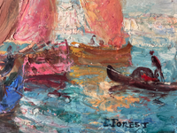 Macro of the signature P. Forest brushed in dark blue over the turquoise water, with a gondola told in a single black curve above it