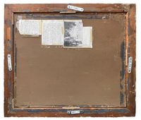 Reverse showing a printed biographical notice of the painter cut from a reference work and pasted to the backing board (Pierre Forest Venice lagoon)