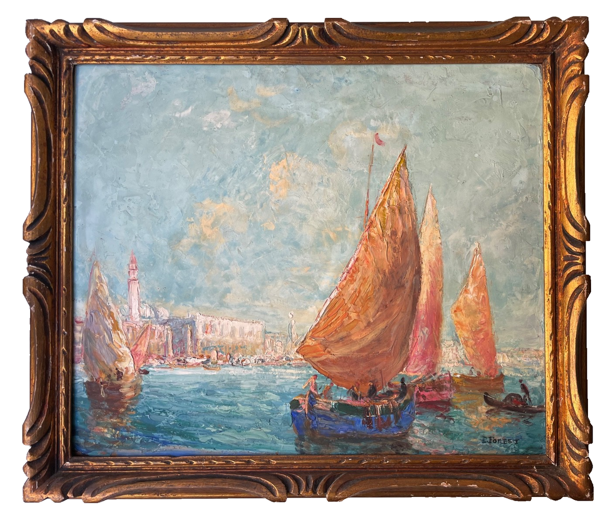Signed Venice lagoon scene by Pierre Forest, three lateen sails in ochre and rose above a blue hulled boat, oil on board in a carved giltwood frame