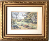 Signed pastel by Hugues Claude Pissarro showing a garden path leading to a stone birdbath, in a moulded gilt frame under glass