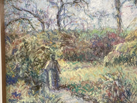 Detail showing the bare trees on the left against the tree in full leaf on the right, worked in short crossed strokes