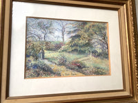 The framed pastel seen at a slight angle, showing the depth of the gilt moulding and the wide cream mount