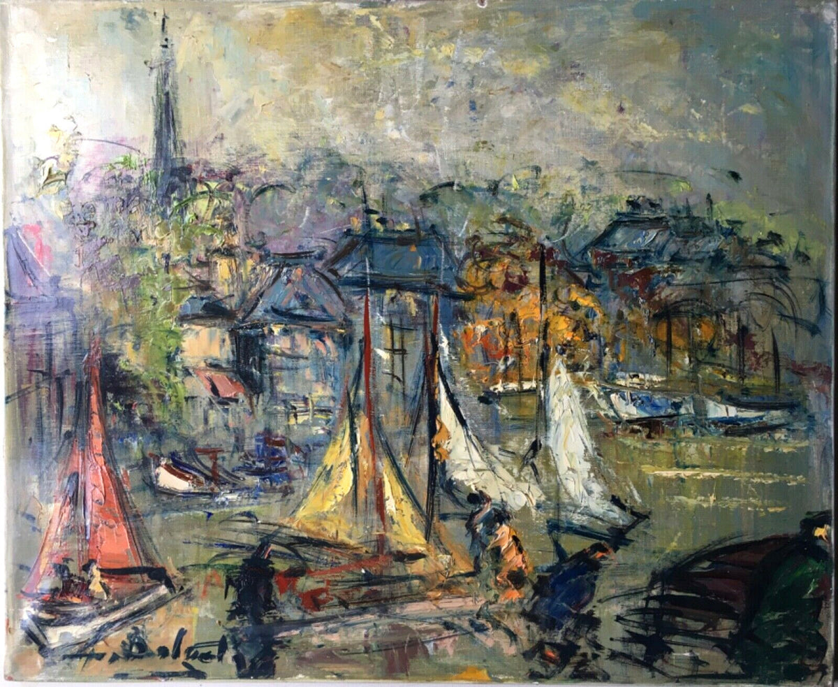 Boats in the port of Honfleur, signed 20th century French oil on canvas by Georges Berger, unframed