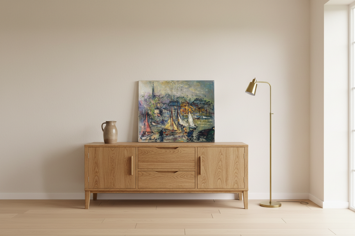 The unframed harbour canvas shown to scale on an oak sideboard, beside a stoneware jug (port of Honfleur, Georges Berger, oil on canvas 20th century)
