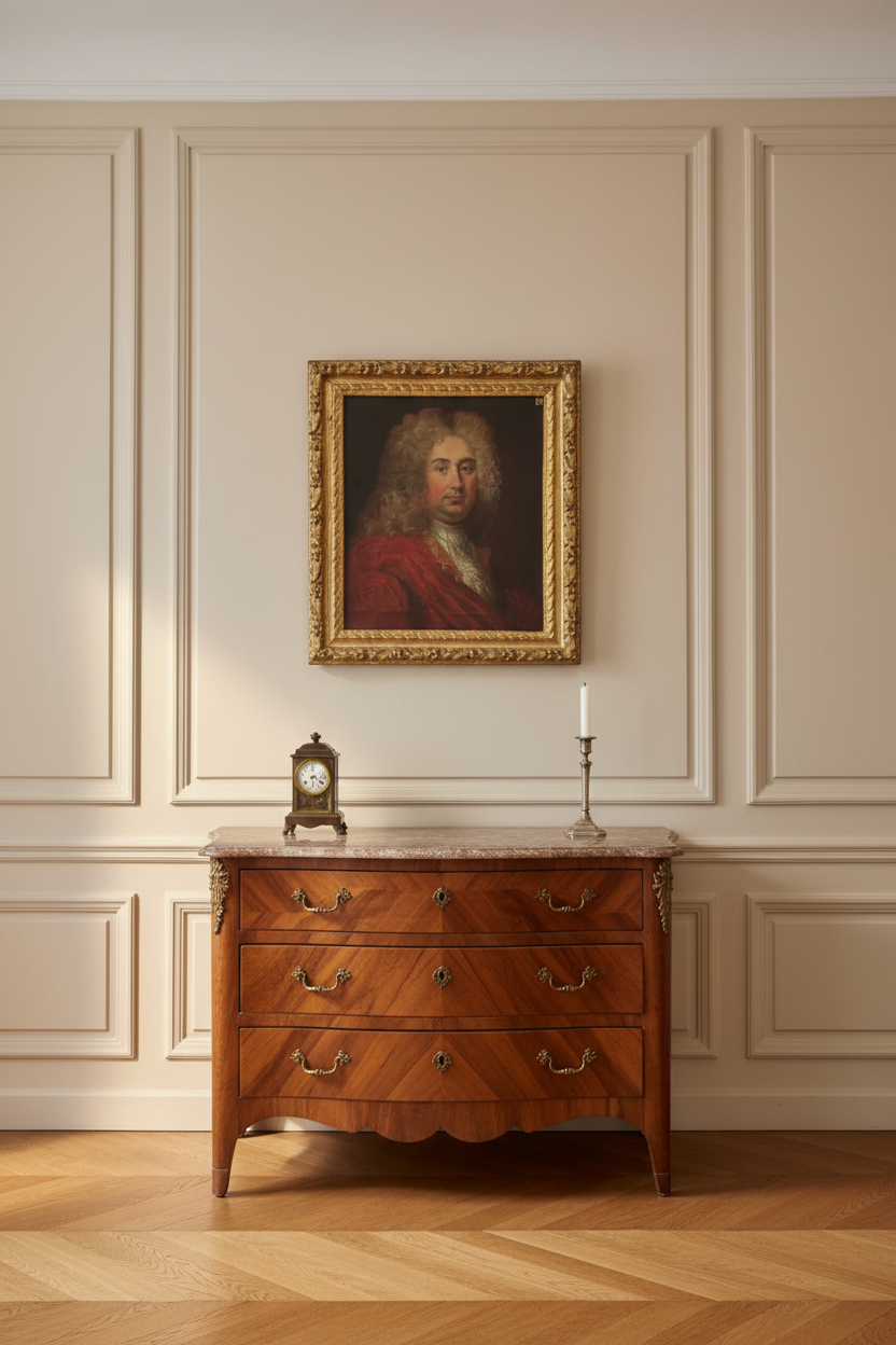 The painting at scale above a walnut commode on a pale boiserie wall, in its carved gilt frame