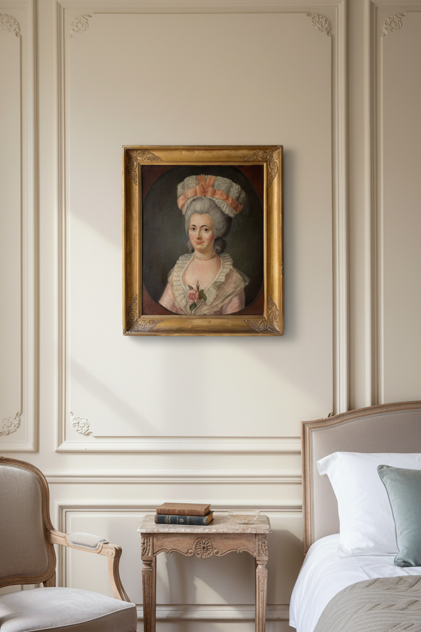 Antique portrait of a lady with a pink ribbon hat in a gilt frame displayed on a bedroom wall
