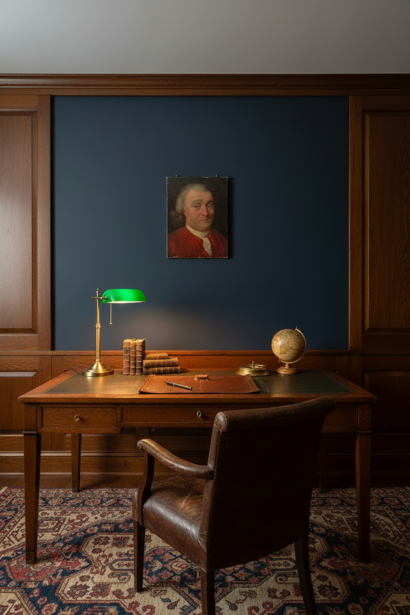 18th century portrait of a gentleman in a red coat displayed unframed on a study wall