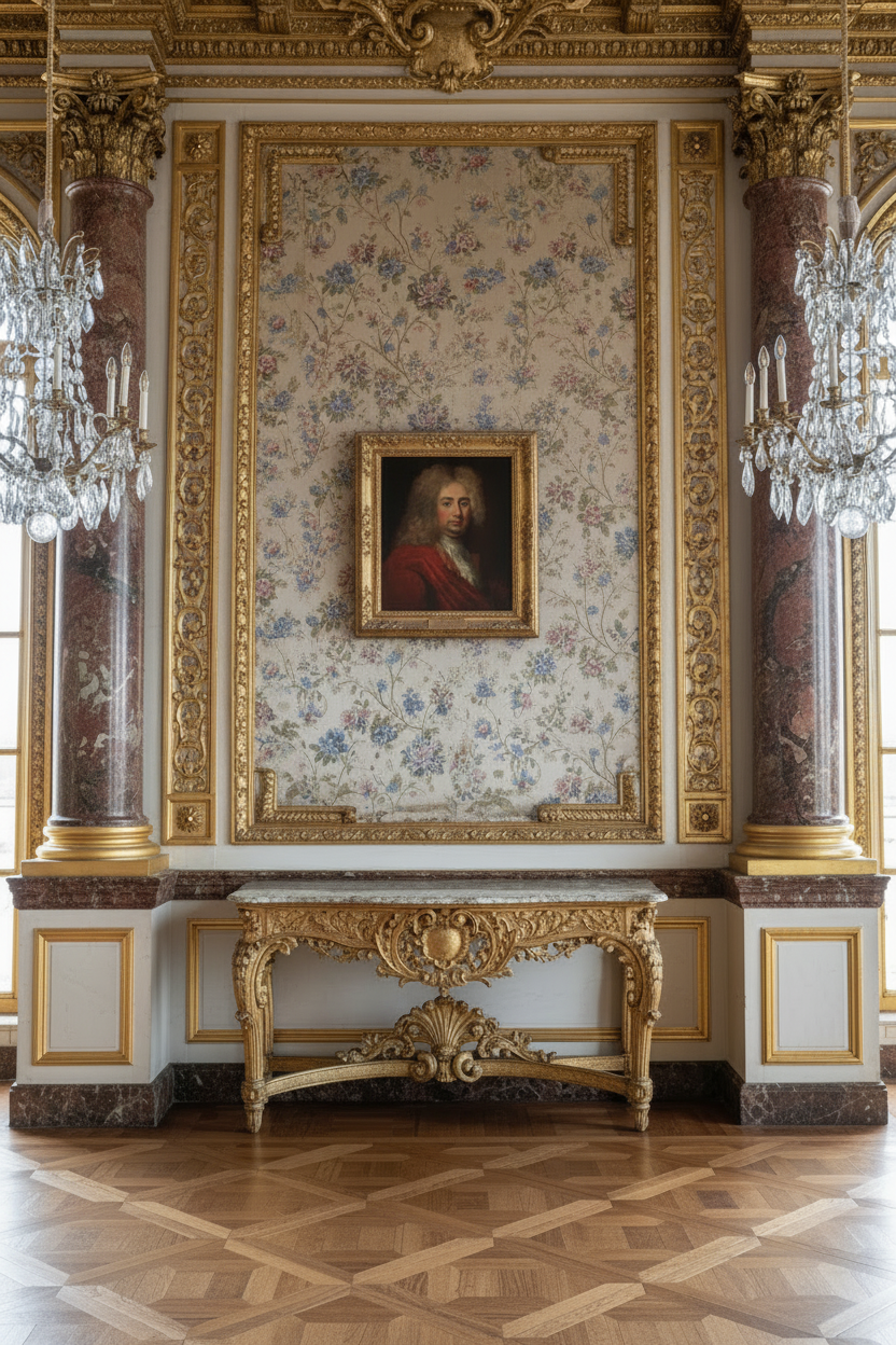 Royal portrait after Rigaud in a gilt frame on a paneled wall in a French chateau interior