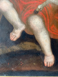 Macro of the child's feet and the painted ground, the canvas weave showing through the thin flesh tones