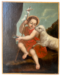 The young Saint John the Baptist seated with the lamb and the reed cross, French School oil on canvas