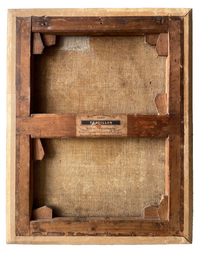 Reverse of the relined canvas on its keyed stretcher with the paper label of a Paris framer (Saint John the Baptist, French School)