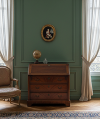 The oval framed painting hung on a deep green panelled wall above a mahogany bureau with a globe and a glass inkwell (17th century Saint John the Baptist)