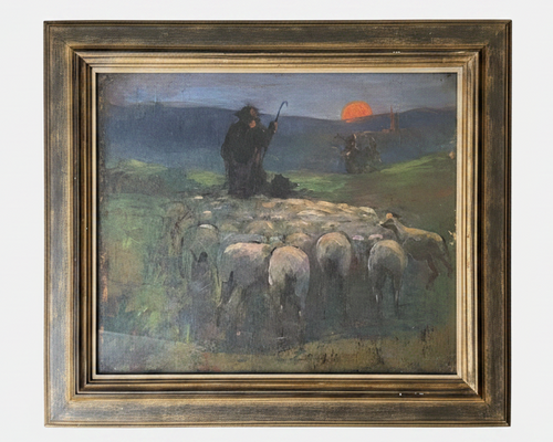 Sunset landscape with a shepherd and his flock in silhouette against an orange sun, in a silvered moulded frame (Etienne Mein)