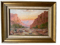 Signed orientalist oil painting of a palm oasis and rocky gorge at sunset, late 19th century, in a gilded wood frame