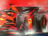 Short thick strokes of red, orange and yellow across the body of the car