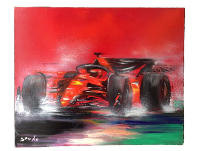 Signed Victor Spahn painting of a red Formula One racing car on a wet track, oil on canvas, 21st century French school, unframed