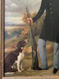 Black and white pointer seated beside the hunter, 1839 French sporting portrait