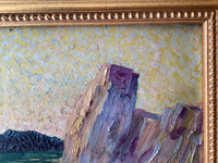 Violet and yellow worked wet into wet down the cliff, against a sky of small separate touches