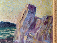 Pale stones at the foot of the rock, laid in short touches of violet and cream