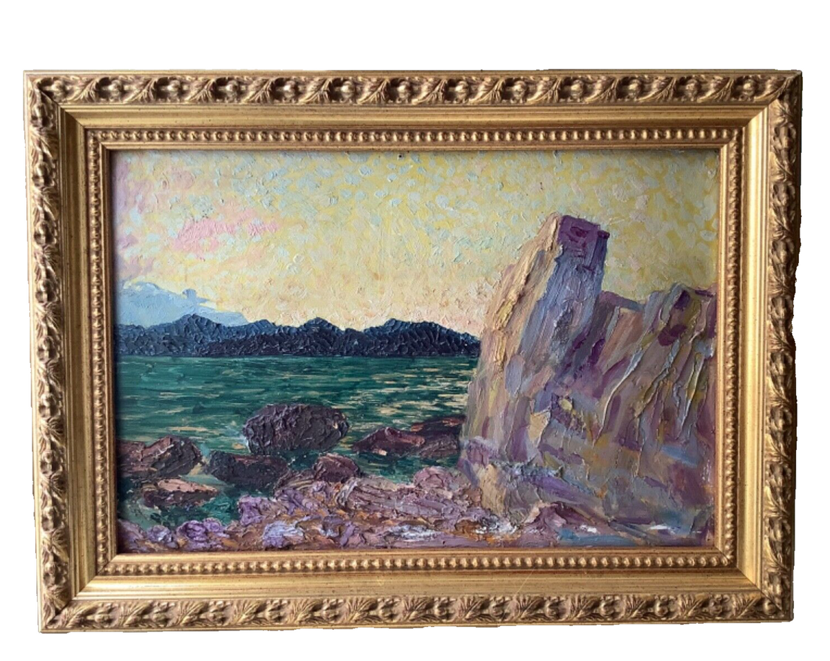Sunset over the rocky Esterel coast, French Impressionist oil on cardboard, early 20th century, in a carved gilt frame
