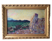 Sunset over the rocky Esterel coast, French Impressionist oil on cardboard, early 20th century, in a carved gilt frame