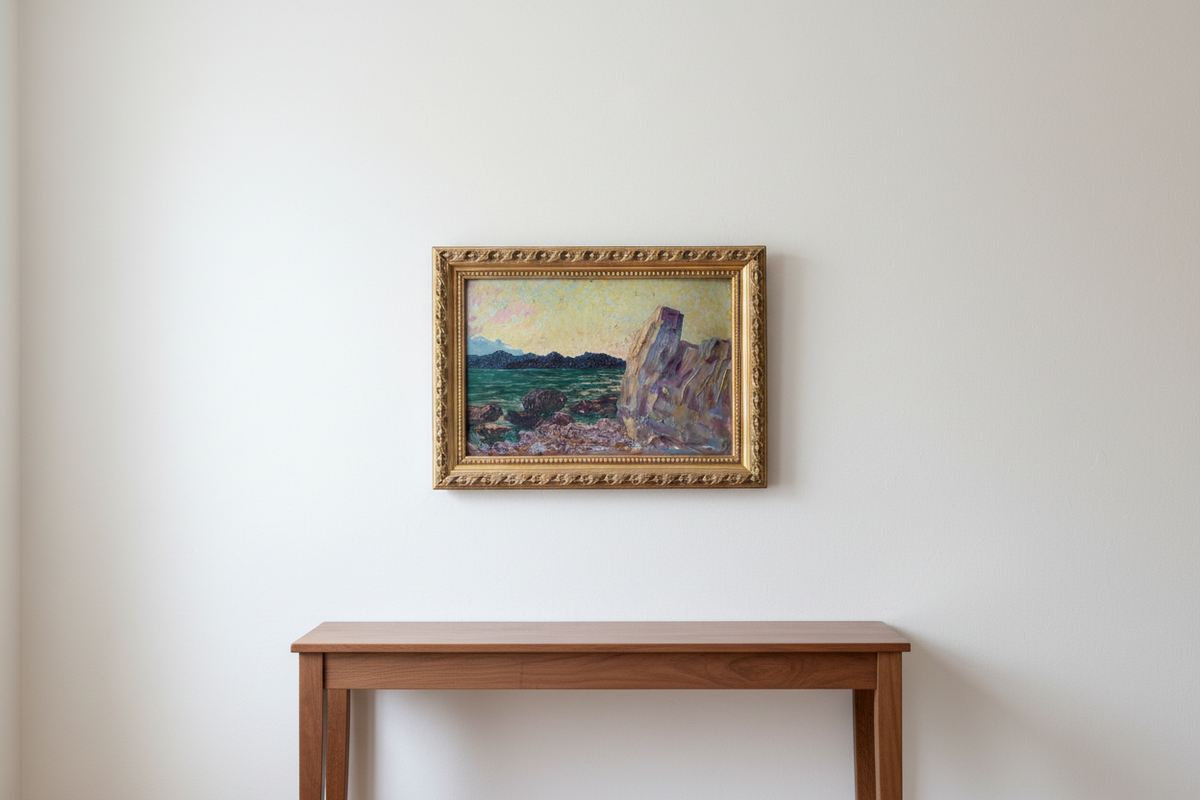 The painting shown to scale on a pale wall above a low walnut console