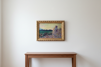 The painting shown to scale on a pale wall above a low walnut console