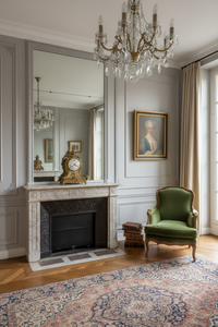 18th century Rococo portrait of a lady in a gilt frame beside a marble fireplace in a French salon