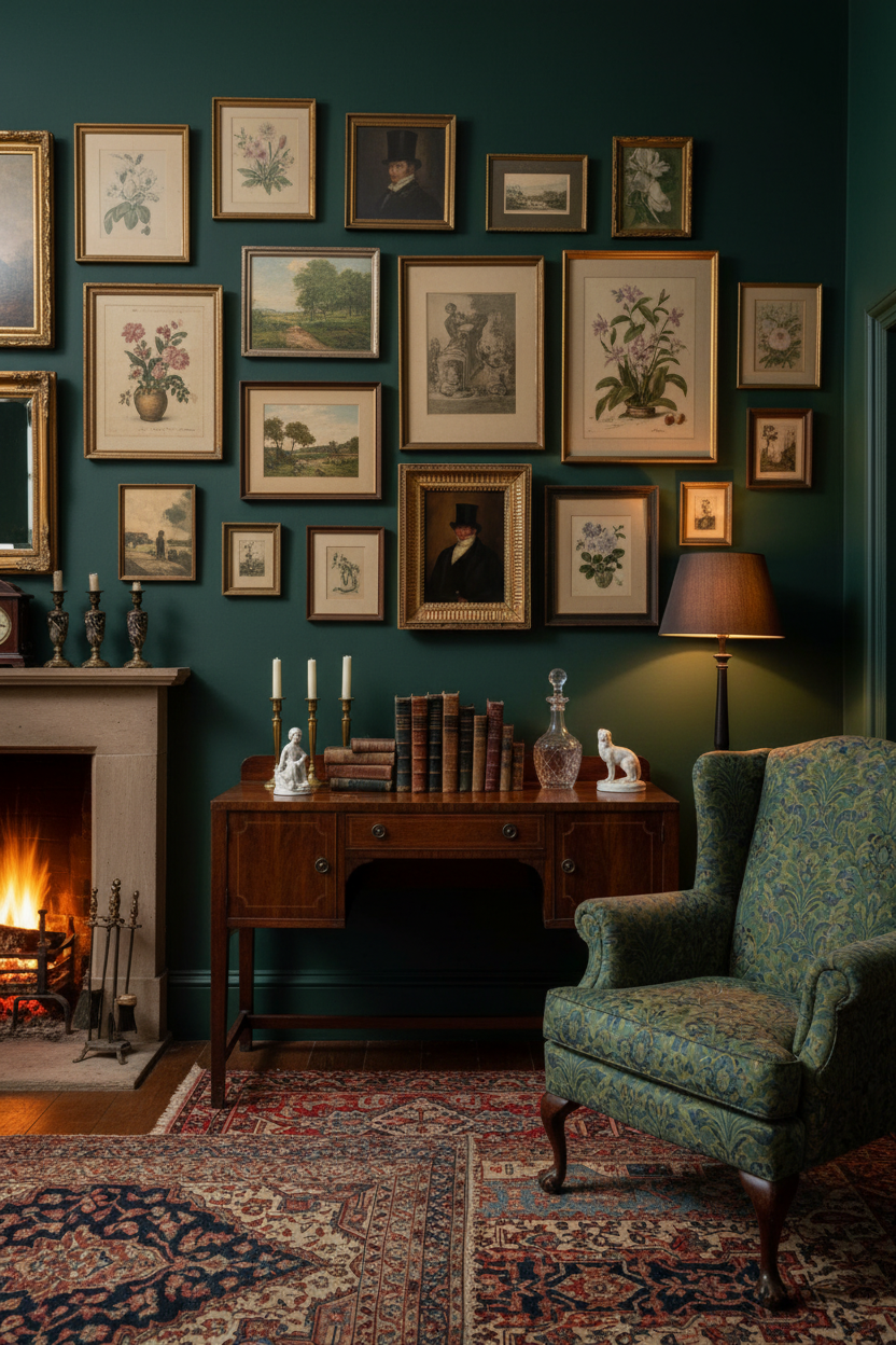 Early 19th century portrait of a man in a top hat in a gallery wall of framed prints and paintings