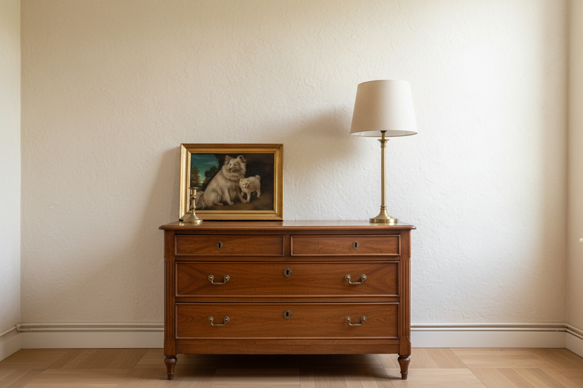 The spitz dog painting shown to scale on a walnut chest, beside a brass candlestick (two white spitz dogs, French School, oil on canvas 19th century)