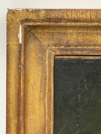 Corner of the gilt frame worn along its edges, with small chips to the gesso